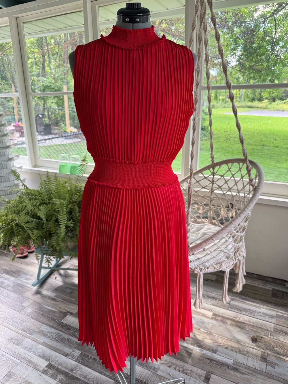 NWOT NANETTE LEPORE Red Pleated Sleeveless Midi Dress, High Neck, Cinched Waist